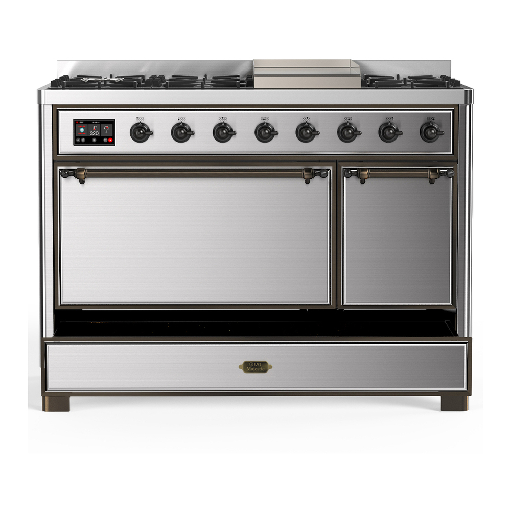 ILVE UM48FQNR3SSB Majestic III 48 inch Dual Fuel Range with 8 Burners and Griddle, Dual Function Burner up to 25,000 BTU (Natural Gas, Solid Door, Stainless Steel, Burnished) 5 ILVE-UM48FQNR3SSB-Drawer Open View