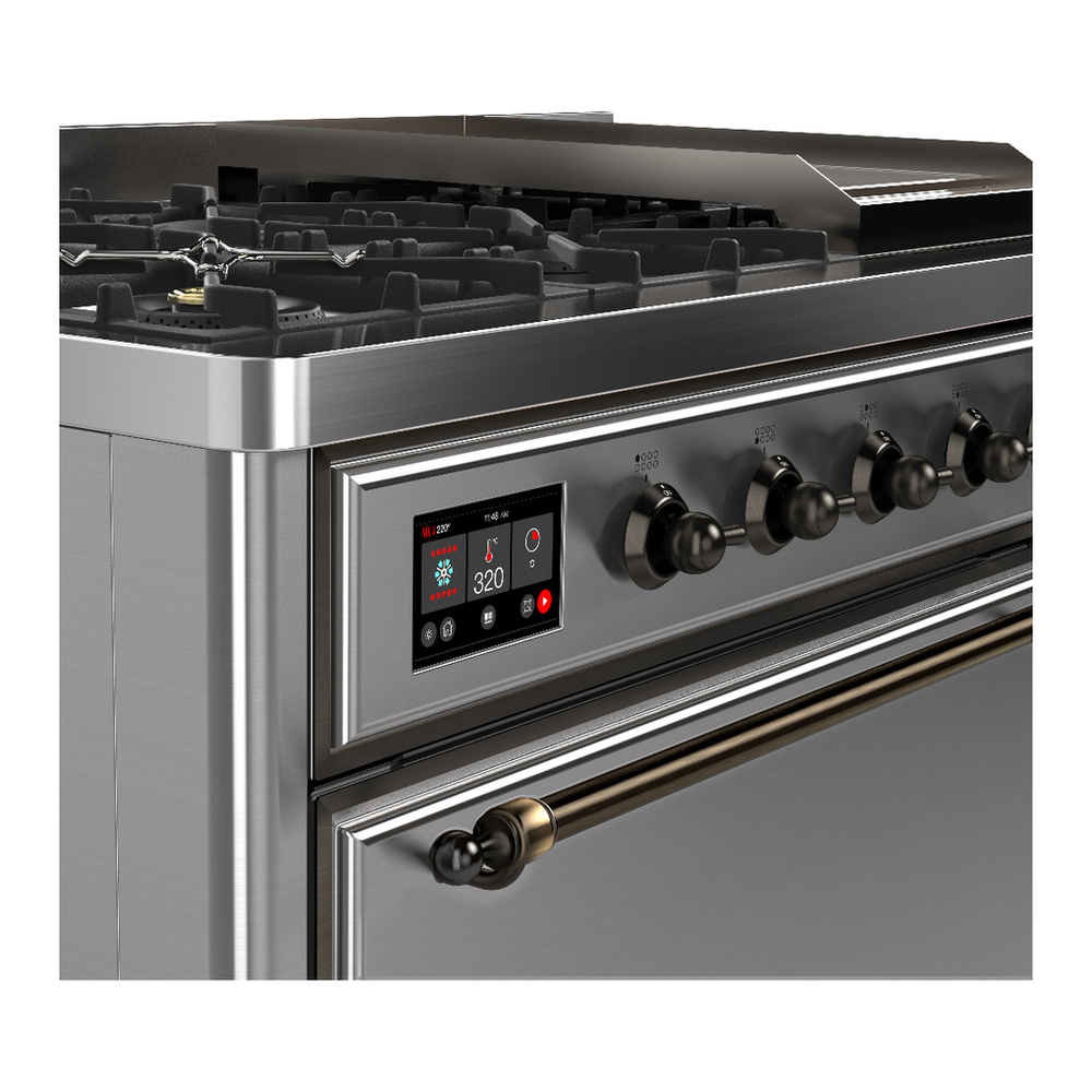 ILVE UM48FQNR3SSB Majestic III 48 inch Dual Fuel Range with 8 Burners and Griddle, Dual Function Burner up to 25,000 BTU (Natural Gas, Solid Door, Stainless Steel, Burnished) 7 ILVE-UM48FQNR3SSB-Control Knobs View