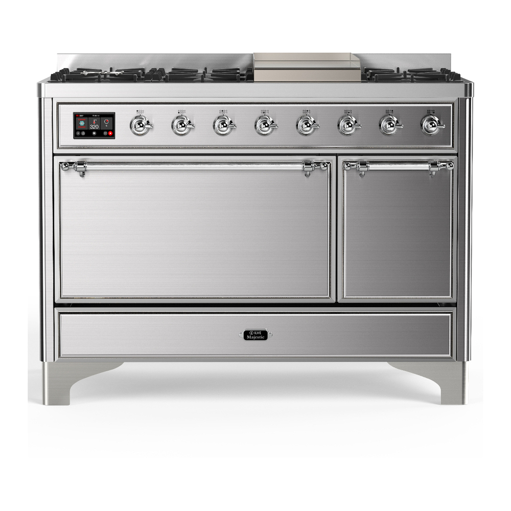 ILVE UM48FQNR3SSC Majestic III 48 inch Dual Fuel Range with 8 Burners and Griddle, Dual Function Burner up to 25,000 BTU (Natural Gas, Solid Door, Stainless Steel, Chrome) 1 UM48FQNR3SSC