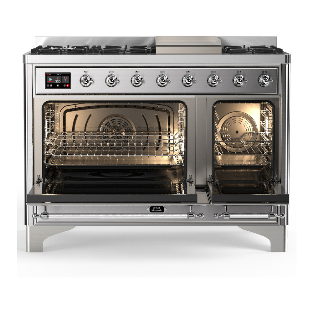 ILVE UM48FQNR3SSC Majestic III 48 inch Dual Fuel Range with 8 Burners and Griddle, Dual Function Burner up to 25,000 BTU (Natural Gas, Solid Door, Stainless Steel, Chrome) 2 ILVE-UM48FQNR3SSC-Double Oven Open View