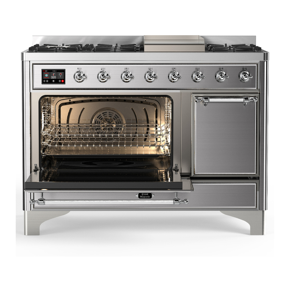 ILVE UM48FQNR3SSC Majestic III 48 inch Dual Fuel Range with 8 Burners and Griddle, Dual Function Burner up to 25,000 BTU (Natural Gas, Solid Door, Stainless Steel, Chrome) 3 ILVE-UM48FQNR3SSC-Primary Oven Open View
