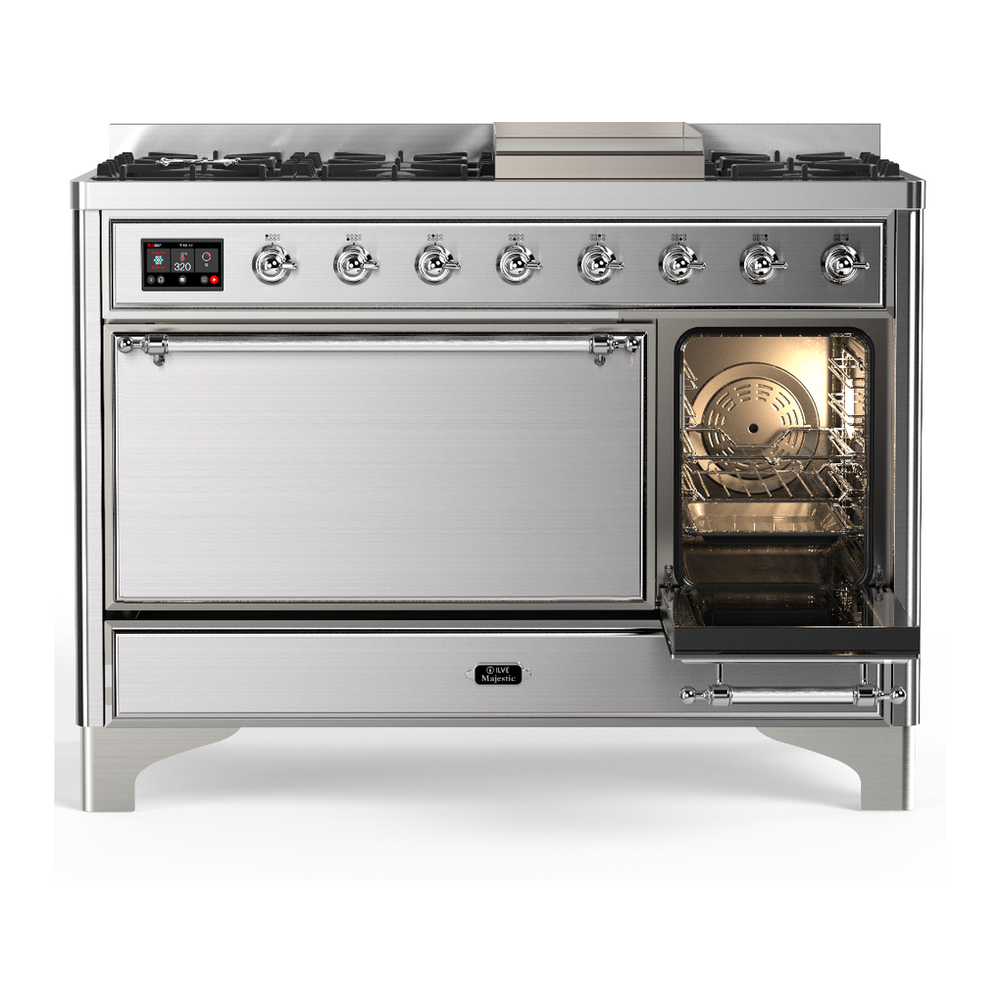 ILVE UM48FQNR3SSC Majestic III 48 inch Dual Fuel Range with 8 Burners and Griddle, Dual Function Burner up to 25,000 BTU (Natural Gas, Solid Door, Stainless Steel, Chrome) 4 ILVE-UM48FQNR3SSC-Secondary Oven Open View