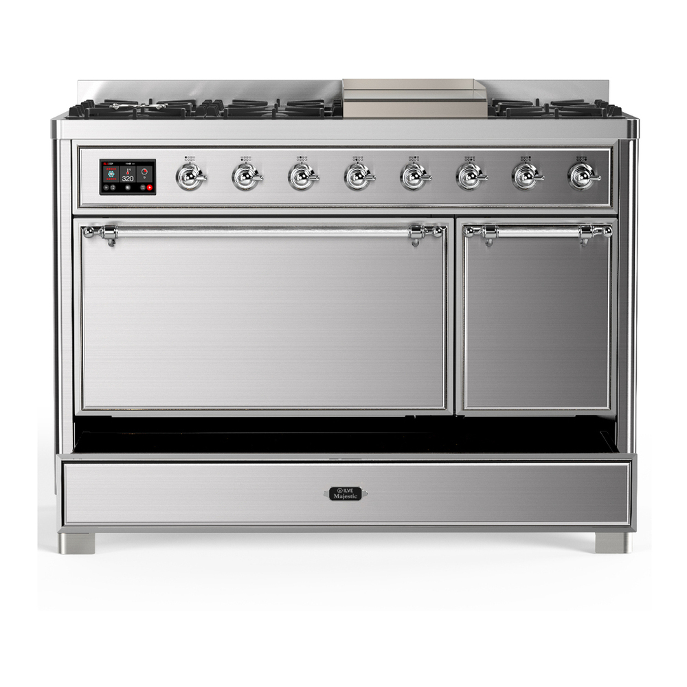 ILVE UM48FQNR3SSC Majestic III 48 inch Dual Fuel Range with 8 Burners and Griddle, Dual Function Burner up to 25,000 BTU (Natural Gas, Solid Door, Stainless Steel, Chrome) 5 ILVE-UM48FQNR3SSC-Drawer Open View