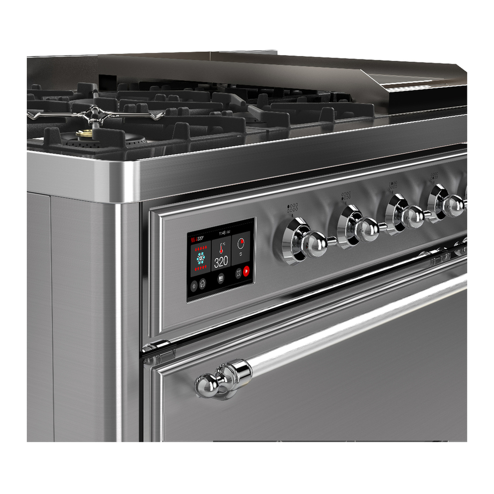 ILVE UM48FQNR3SSC Majestic III 48 inch Dual Fuel Range with 8 Burners and Griddle, Dual Function Burner up to 25,000 BTU (Natural Gas, Solid Door, Stainless Steel, Chrome) 7 ILVE-UM48FQNR3SSC-Control Knobs View