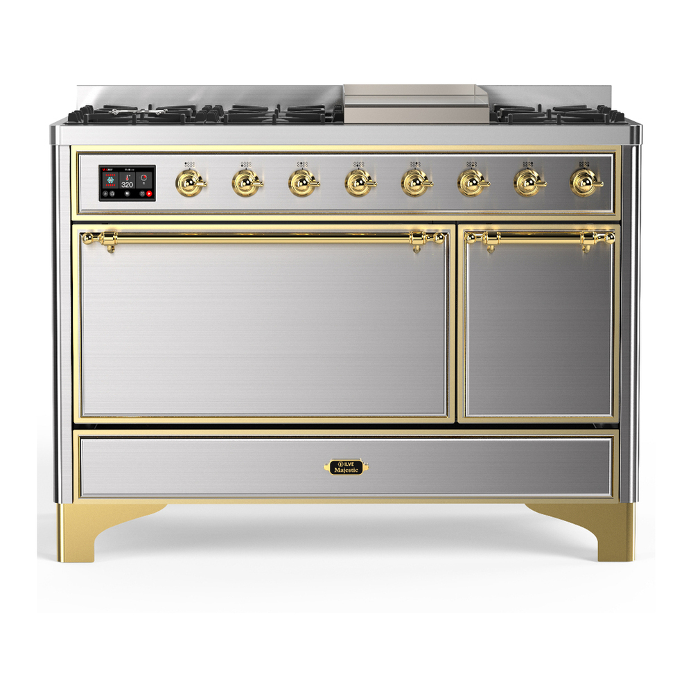 ILVE UM48FQNR3SSG Majestic III 48 inch Dual Fuel Range with 8 Burners and Griddle, Dual Function Burner up to 25,000 BTU (Natural Gas, Solid Door, Stainless Steel, Brass) 1 UM48FQNR3SSG