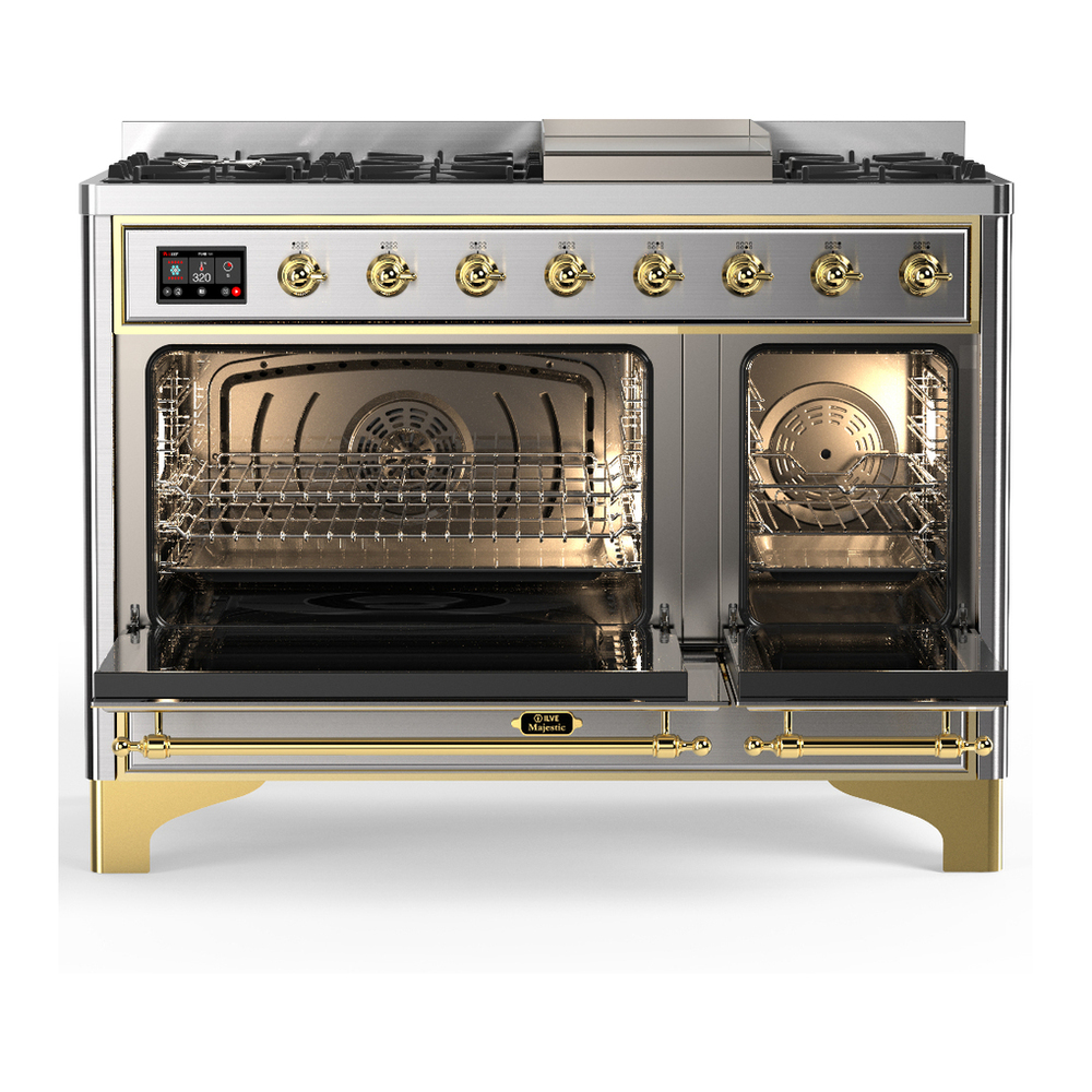 ILVE UM48FQNR3SSG Majestic III 48 inch Dual Fuel Range with 8 Burners and Griddle, Dual Function Burner up to 25,000 BTU (Natural Gas, Solid Door, Stainless Steel, Brass) 2 ILVE-UM48FQNR3SSG-Double Oven Open View