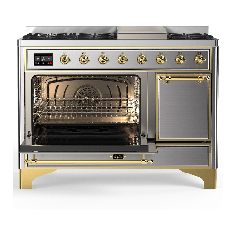 ILVE UM48FQNR3SSG Majestic III 48 inch Dual Fuel Range with 8 Burners and Griddle, Dual Function Burner up to 25,000 BTU (Natural Gas, Solid Door, Stainless Steel, Brass) 3 ILVE-UM48FQNR3SSG-Primary Oven Open View