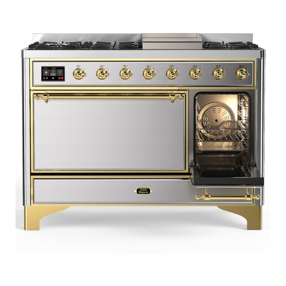 ILVE UM48FQNR3SSG Majestic III 48 inch Dual Fuel Range with 8 Burners and Griddle, Dual Function Burner up to 25,000 BTU (Natural Gas, Solid Door, Stainless Steel, Brass) 4 ILVE-UM48FQNR3SSG-Secondary Oven Open View