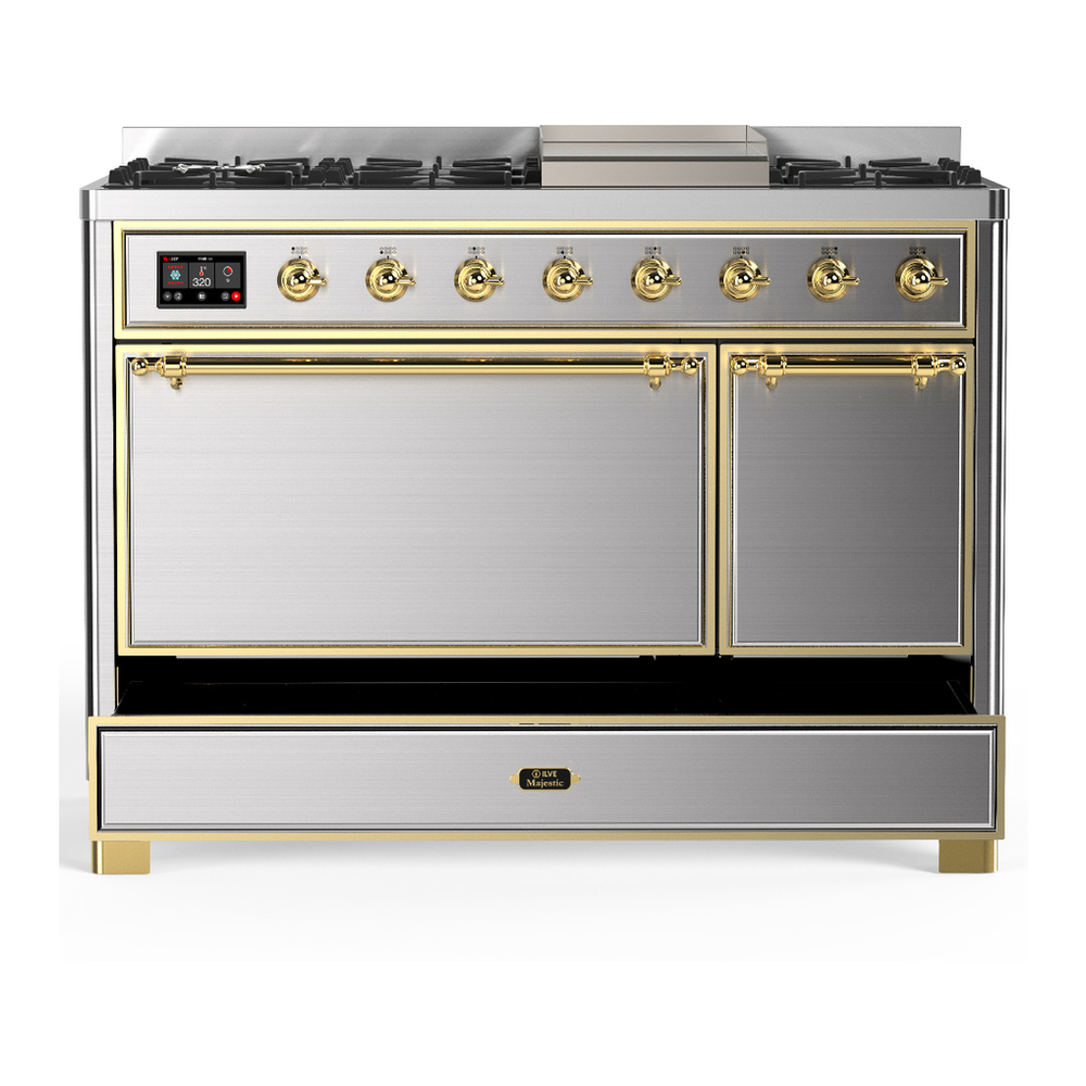 ILVE UM48FQNR3SSG Majestic III 48 inch Dual Fuel Range with 8 Burners and Griddle, Dual Function Burner up to 25,000 BTU (Natural Gas, Solid Door, Stainless Steel, Brass) 5 ILVE-UM48FQNR3SSG-Drawer Open View