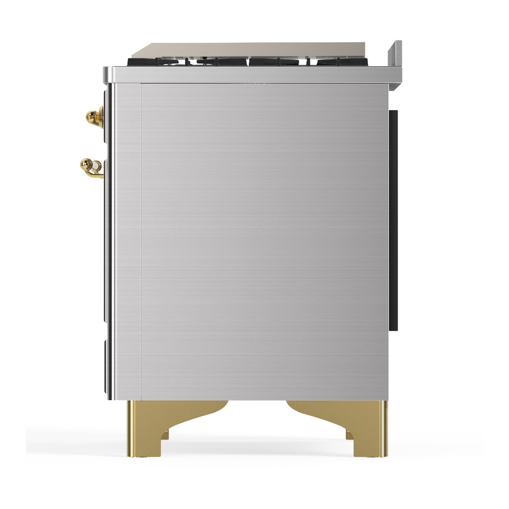 ILVE UM48FQNR3SSG Majestic III 48 inch Dual Fuel Range with 8 Burners and Griddle, Dual Function Burner up to 25,000 BTU (Natural Gas, Solid Door, Stainless Steel, Brass) 9 ILVE-UM48FQNR3SSG-Left Side View