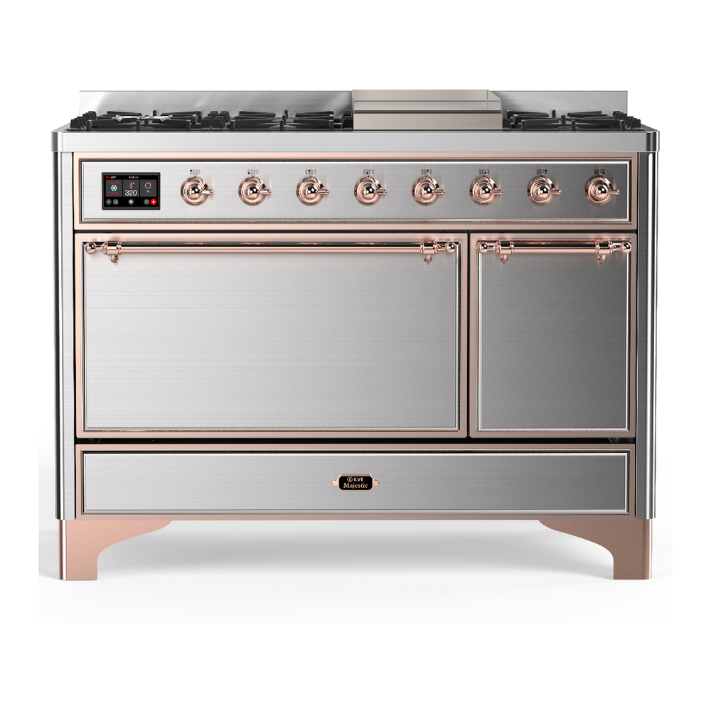 ILVE UM48FQNR3SSP Majestic III 48 inch Dual Fuel Range with 8 Burners and Griddle, Dual Function Burner up to 25,000 BTU (Natural Gas, Solid Door, Stainless Steel, Copper) 1 UM48FQNR3SSP