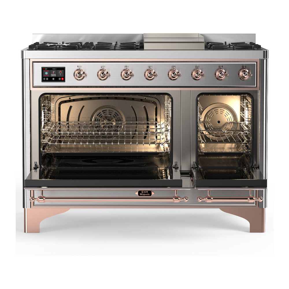 ILVE UM48FQNR3SSP Majestic III 48 inch Dual Fuel Range with 8 Burners and Griddle, Dual Function Burner up to 25,000 BTU (Natural Gas, Solid Door, Stainless Steel, Copper) 2 ILVE-UM48FQNR3SSP-Double Oven Open View