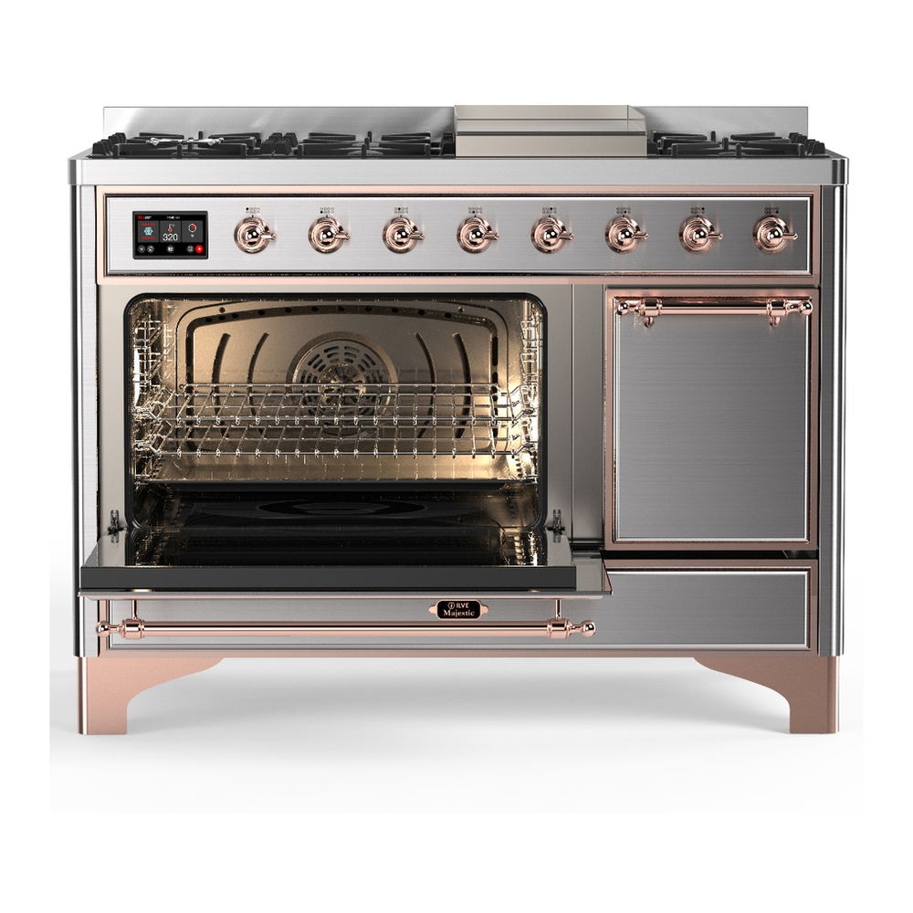 ILVE UM48FQNR3SSP Majestic III 48 inch Dual Fuel Range with 8 Burners and Griddle, Dual Function Burner up to 25,000 BTU (Natural Gas, Solid Door, Stainless Steel, Copper) 3 ILVE-UM48FQNR3SSP-Primary Oven Open View