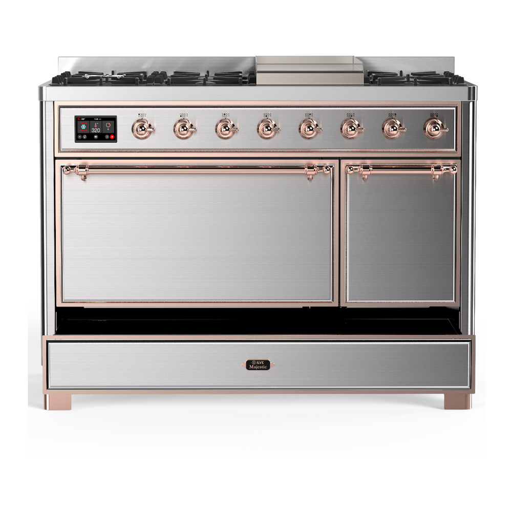 ILVE UM48FQNR3SSP Majestic III 48 inch Dual Fuel Range with 8 Burners and Griddle, Dual Function Burner up to 25,000 BTU (Natural Gas, Solid Door, Stainless Steel, Copper) 5 ILVE-UM48FQNR3SSP-Drawer Open View