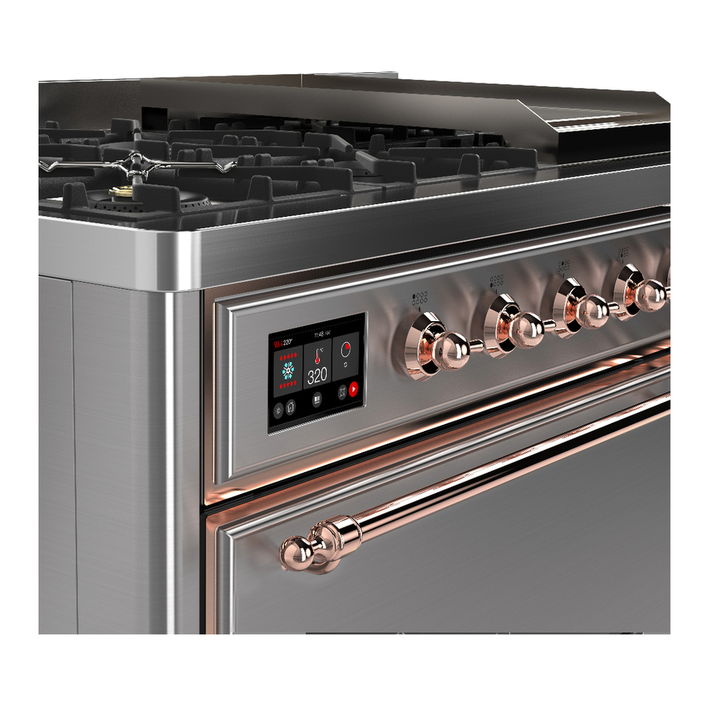 ILVE UM48FQNR3SSP Majestic III 48 inch Dual Fuel Range with 8 Burners and Griddle, Dual Function Burner up to 25,000 BTU (Natural Gas, Solid Door, Stainless Steel, Copper) 7 ILVE-UM48FQNR3SSP-Control Knobs View