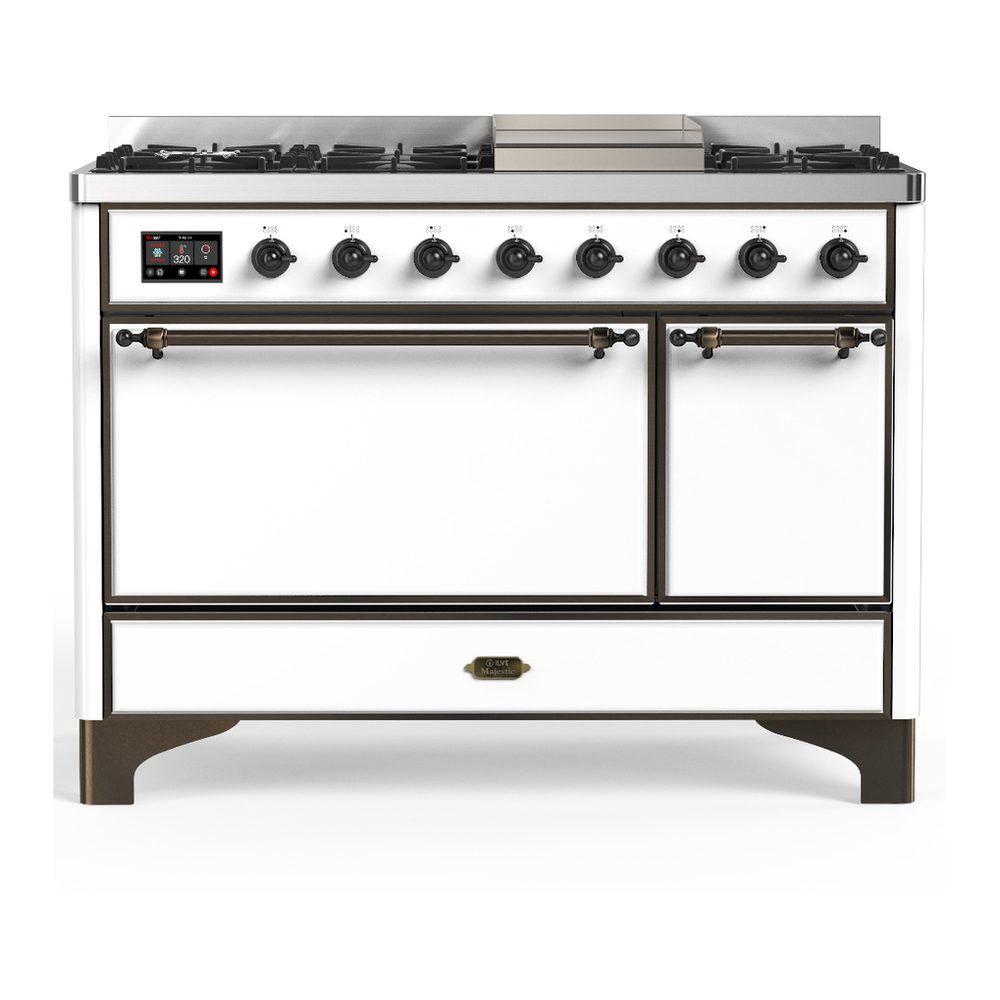 ILVE UM48FQNR3WHB Majestic III 48 inch Dual Fuel Range with 8 Burners and Griddle, Dual Function Burner up to 25,000 BTU (Natural Gas, Solid Door, White, Burnished) 1 UM48FQNR3WHB