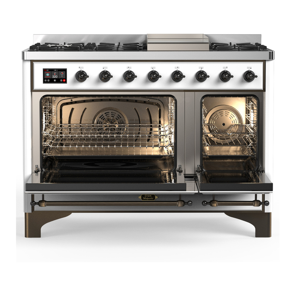 ILVE UM48FQNR3WHB Majestic III 48 inch Dual Fuel Range with 8 Burners and Griddle, Dual Function Burner up to 25,000 BTU (Natural Gas, Solid Door, White, Burnished) 2 ILVE-UM48FQNR3WHB-Double Oven Open View