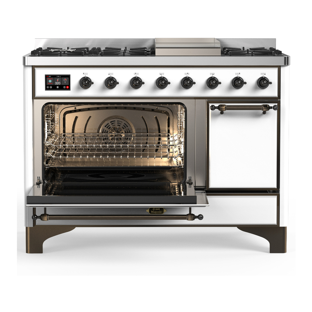 ILVE UM48FQNR3WHB Majestic III 48 inch Dual Fuel Range with 8 Burners and Griddle, Dual Function Burner up to 25,000 BTU (Natural Gas, Solid Door, White, Burnished) 3 ILVE-UM48FQNR3WHB-Primary Oven Open View