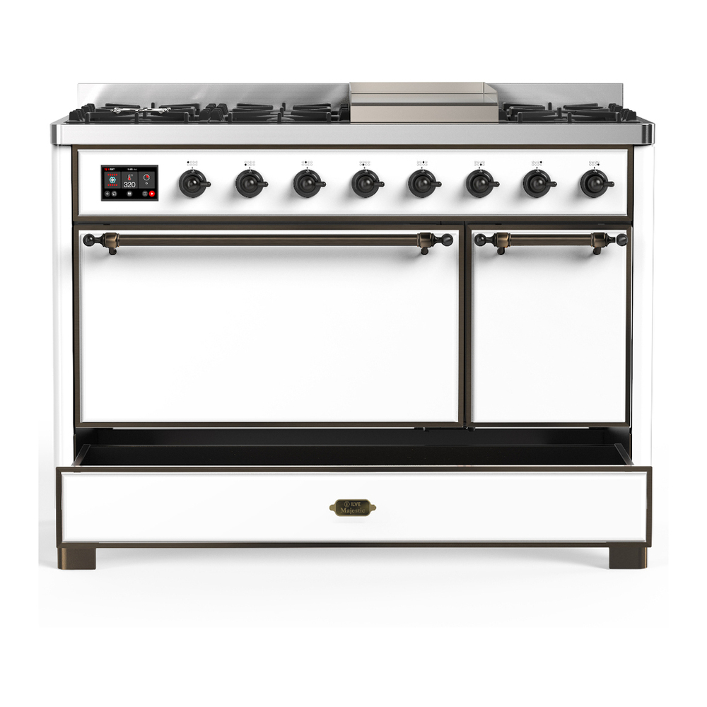 ILVE UM48FQNR3WHB Majestic III 48 inch Dual Fuel Range with 8 Burners and Griddle, Dual Function Burner up to 25,000 BTU (Natural Gas, Solid Door, White, Burnished) 5 ILVE-UM48FQNR3WHB-Drawer Open View