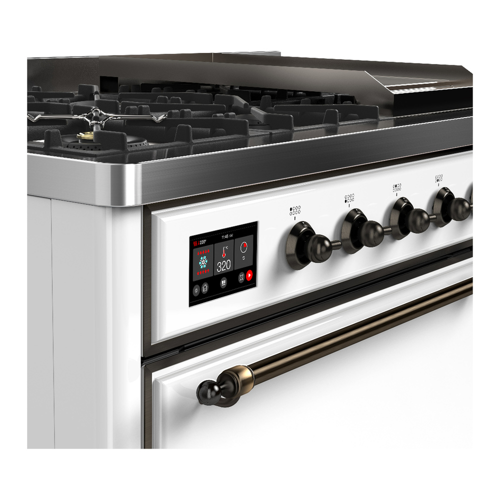 ILVE UM48FQNR3WHB Majestic III 48 inch Dual Fuel Range with 8 Burners and Griddle, Dual Function Burner up to 25,000 BTU (Natural Gas, Solid Door, White, Burnished) 7 ILVE-UM48FQNR3WHB-Control Knobs View