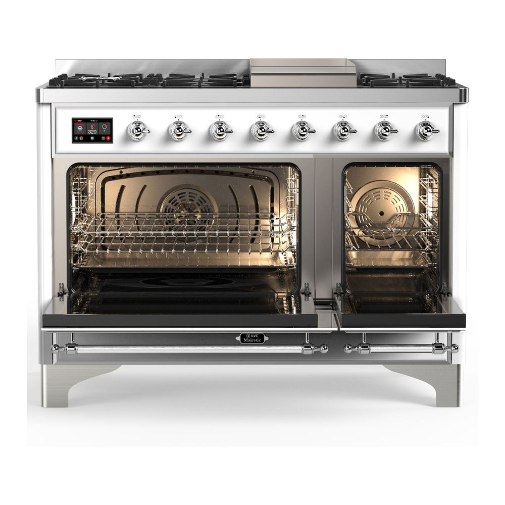ILVE UM48FQNR3WHC Majestic III 48 inch Dual Fuel Range with 8 Burners and Griddle, Dual Function Burner up to 25,000 BTU (Natural Gas, Solid Door, White, Chrome) 2 ILVE-UM48FQNR3WHC-Double Oven Open View