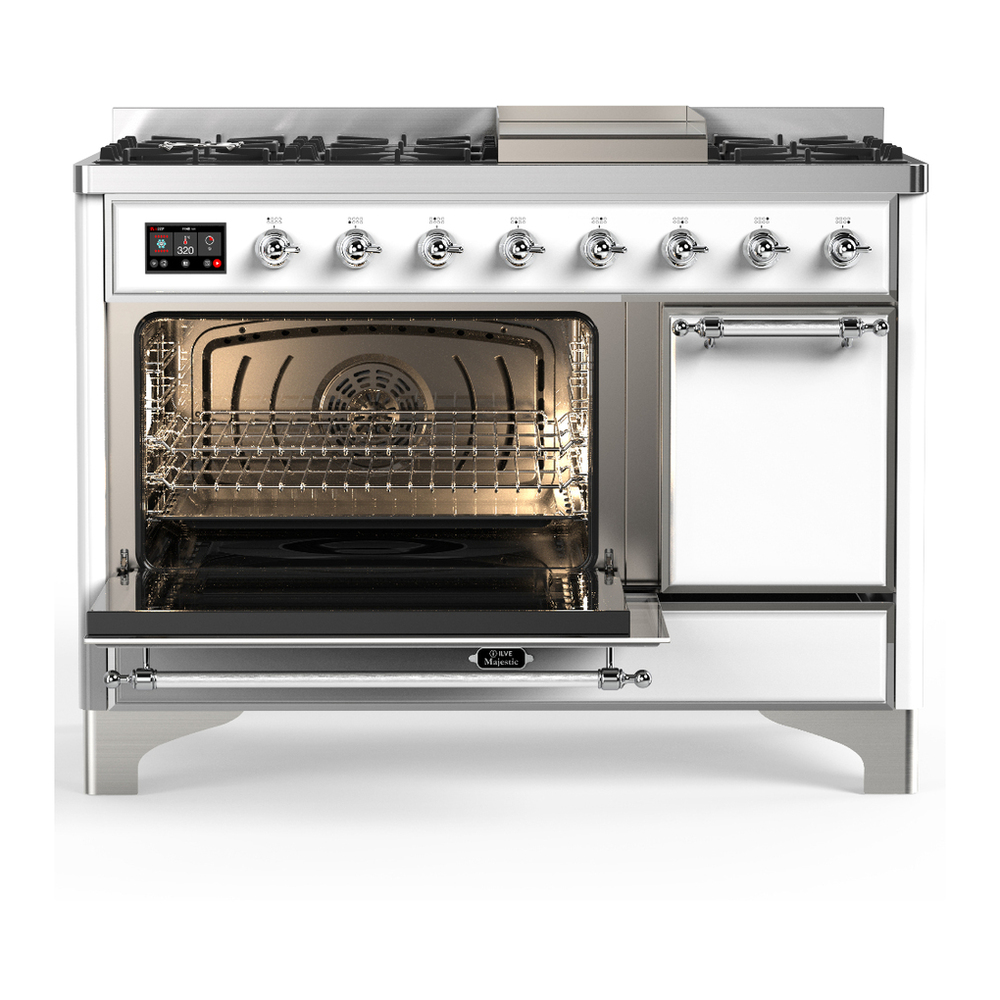 ILVE UM48FQNR3WHC Majestic III 48 inch Dual Fuel Range with 8 Burners and Griddle, Dual Function Burner up to 25,000 BTU (Natural Gas, Solid Door, White, Chrome) 3 ILVE-UM48FQNR3WHC-Primary Oven Open View
