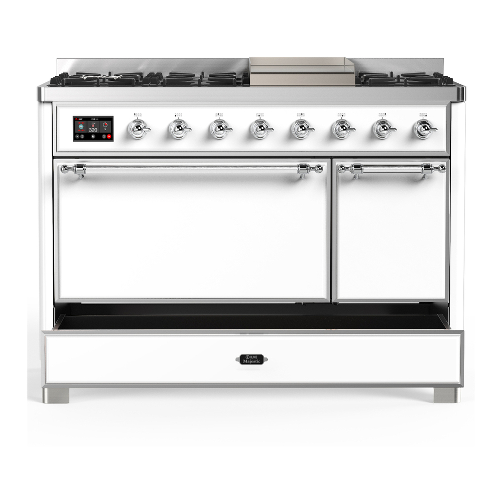 ILVE UM48FQNR3WHC Majestic III 48 inch Dual Fuel Range with 8 Burners and Griddle, Dual Function Burner up to 25,000 BTU (Natural Gas, Solid Door, White, Chrome) 5 ILVE-UM48FQNR3WHC-Drawer Open View