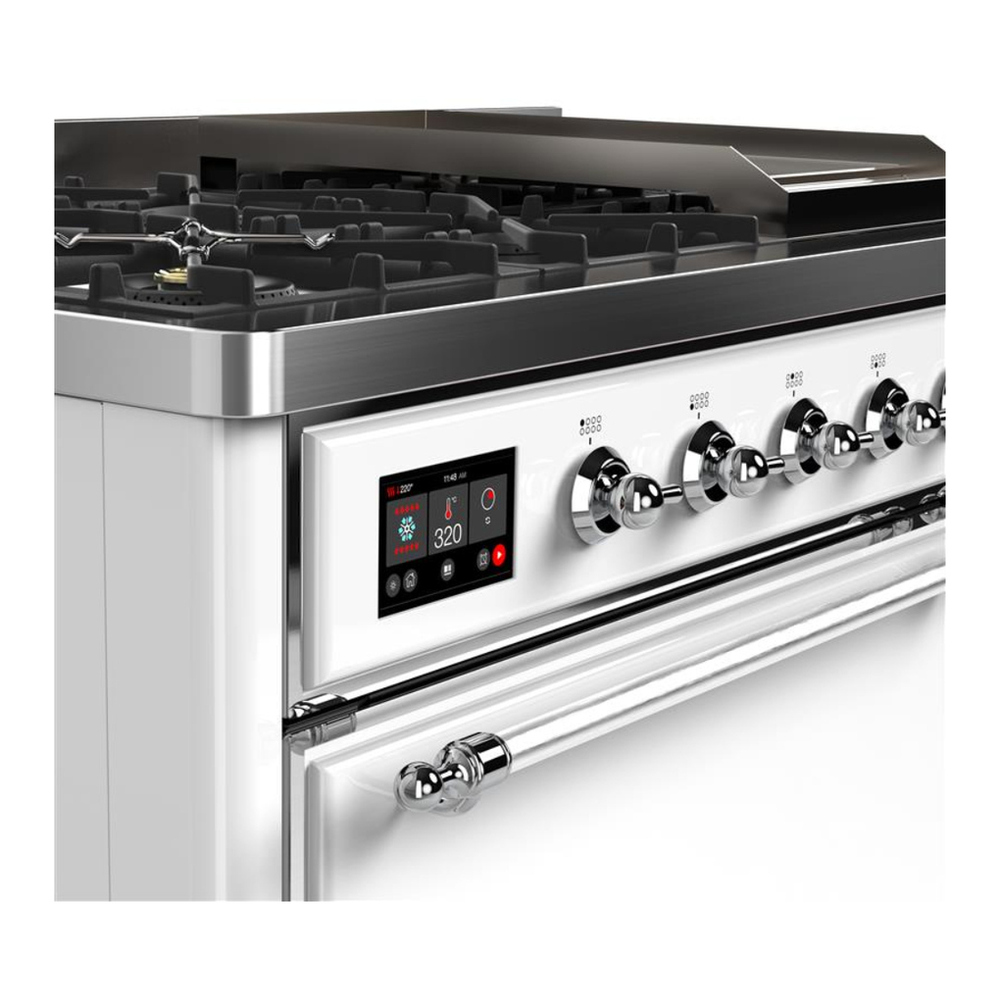 ILVE UM48FQNR3WHC Majestic III 48 inch Dual Fuel Range with 8 Burners and Griddle, Dual Function Burner up to 25,000 BTU (Natural Gas, Solid Door, White, Chrome) 7 ILVE-UM48FQNR3WHC-Control Knobs View