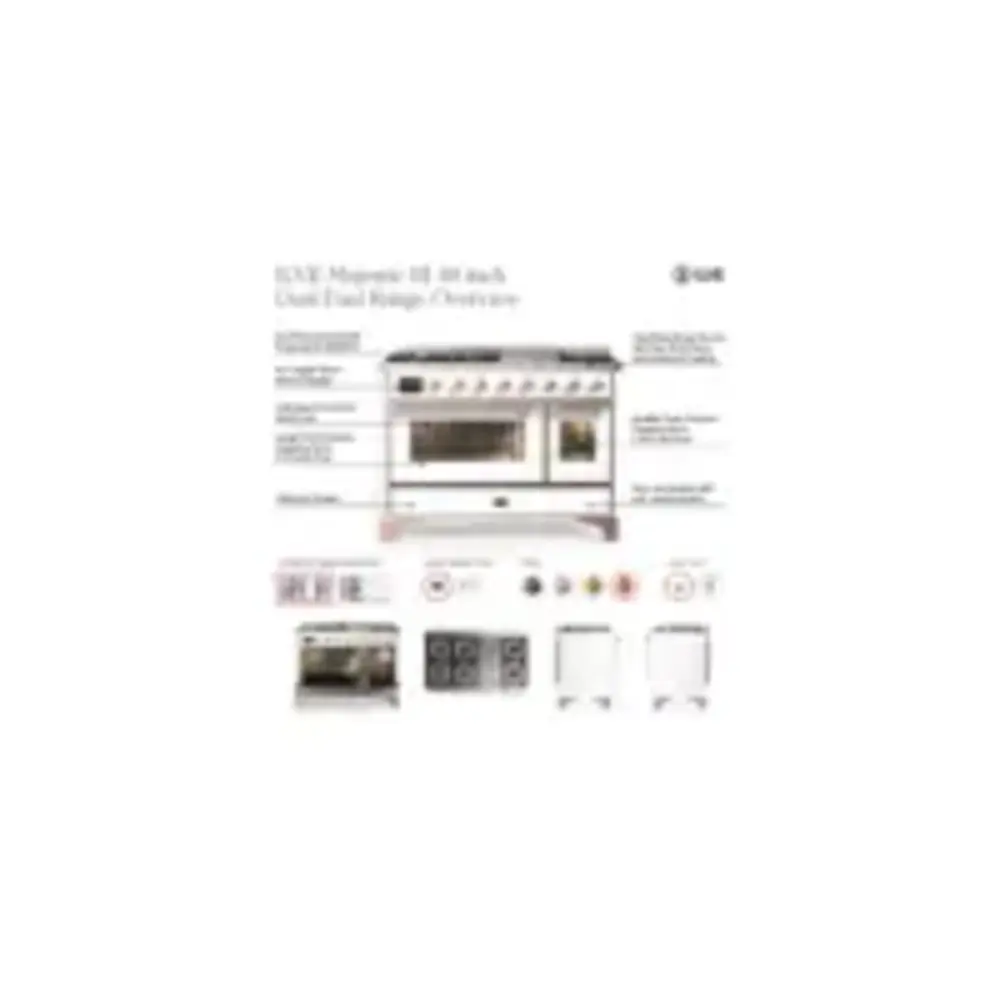 ILVE UM48FS Majestic III 48 inch Dual Fuel Range with 5 Black Brass Burners, Griddle and French Top, Dual Function Burner up to 25,000 BTU