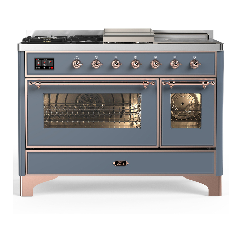 ILVE UM48FSNR3BGPLP Majestic III 48 inch Dual Fuel Range with 5 Black Brass Burners, Griddle and French Top, Dual Function Burner up to 25,000 BTU (Liquid Propane, Triple Glass Door, Blue Grey, Copper) 1 UM48FSNR3BGPLP