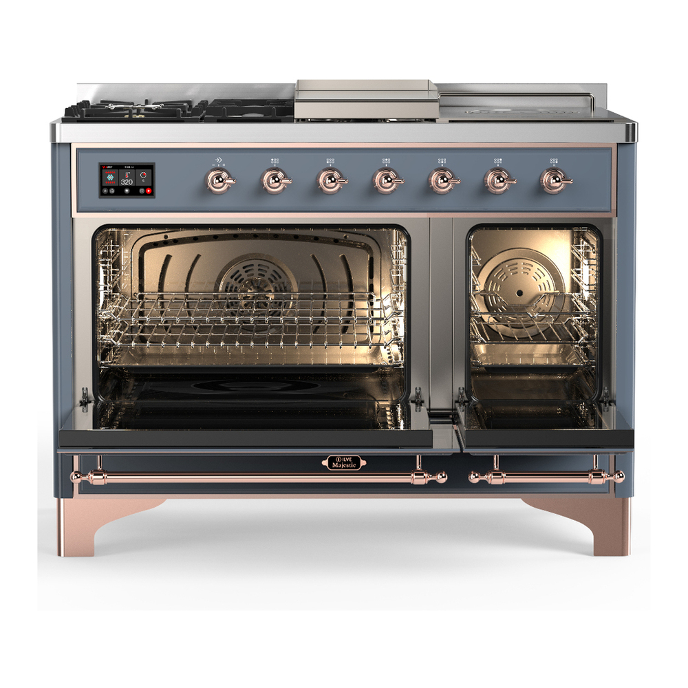 ILVE UM48FSNR3BGPLP Majestic III 48 inch Dual Fuel Range with 5 Black Brass Burners, Griddle and French Top, Dual Function Burner up to 25,000 BTU (Liquid Propane, Triple Glass Door, Blue Grey, Copper) 2 ILVE-UM48FSNR3BGPLP-Double Oven Open View