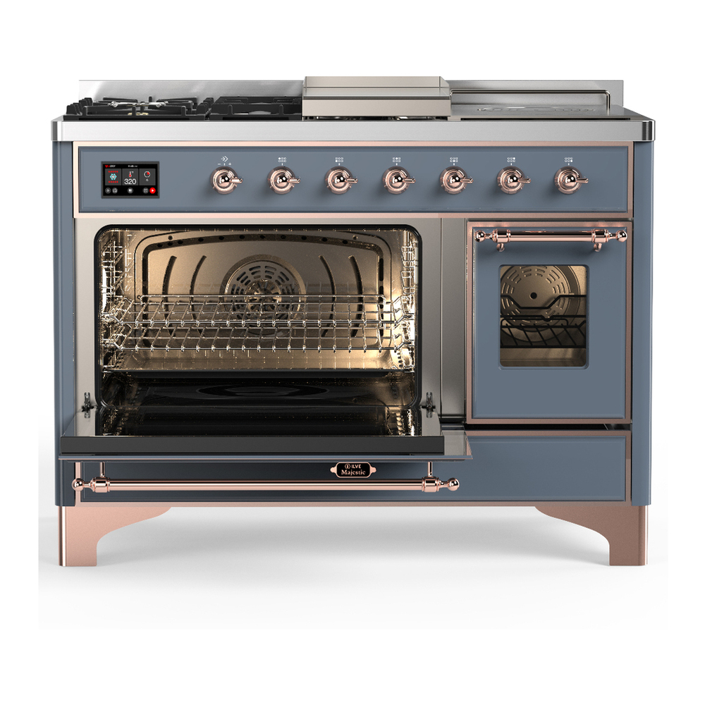 ILVE UM48FSNR3BGPLP Majestic III 48 inch Dual Fuel Range with 5 Black Brass Burners, Griddle and French Top, Dual Function Burner up to 25,000 BTU (Liquid Propane, Triple Glass Door, Blue Grey, Copper) 3 ILVE-UM48FSNR3BGPLP-Primary Oven Open View