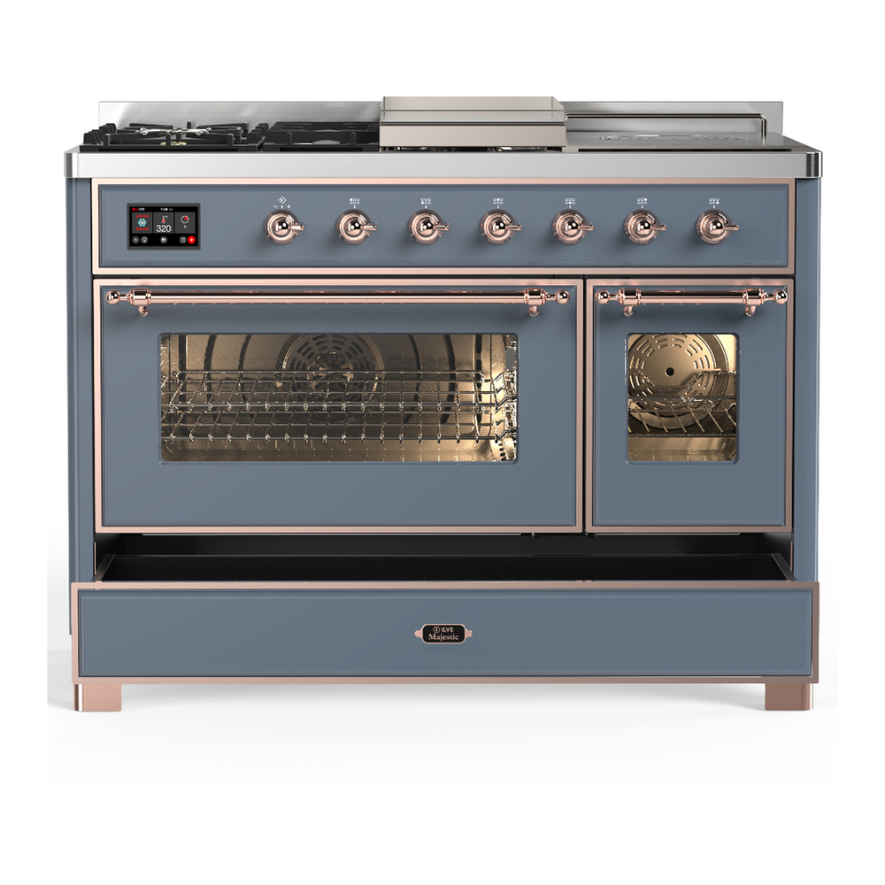 ILVE UM48FSNR3BGPLP Majestic III 48 inch Dual Fuel Range with 5 Black Brass Burners, Griddle and French Top, Dual Function Burner up to 25,000 BTU (Liquid Propane, Triple Glass Door, Blue Grey, Copper) 5 ILVE-UM48FSNR3BGPLP-Drawer Open View