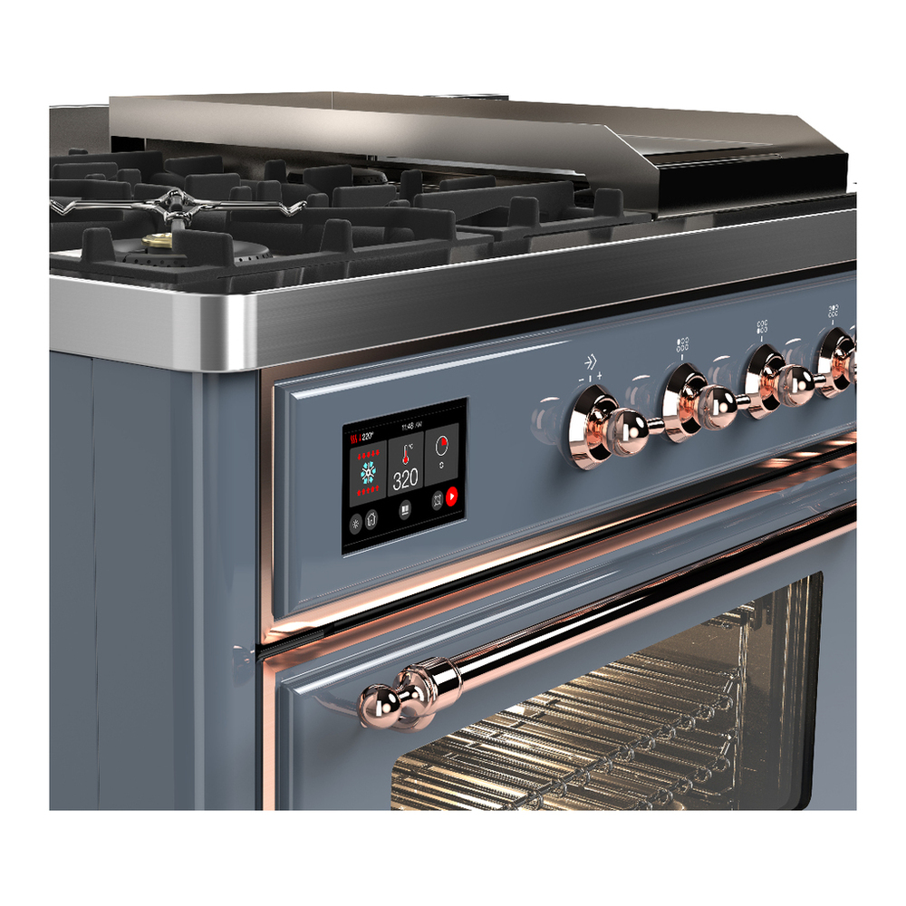 ILVE UM48FSNR3BGPLP Majestic III 48 inch Dual Fuel Range with 5 Black Brass Burners, Griddle and French Top, Dual Function Burner up to 25,000 BTU (Liquid Propane, Triple Glass Door, Blue Grey, Copper) 7 ILVE-UM48FSNR3BGPLP-Control Knobs View