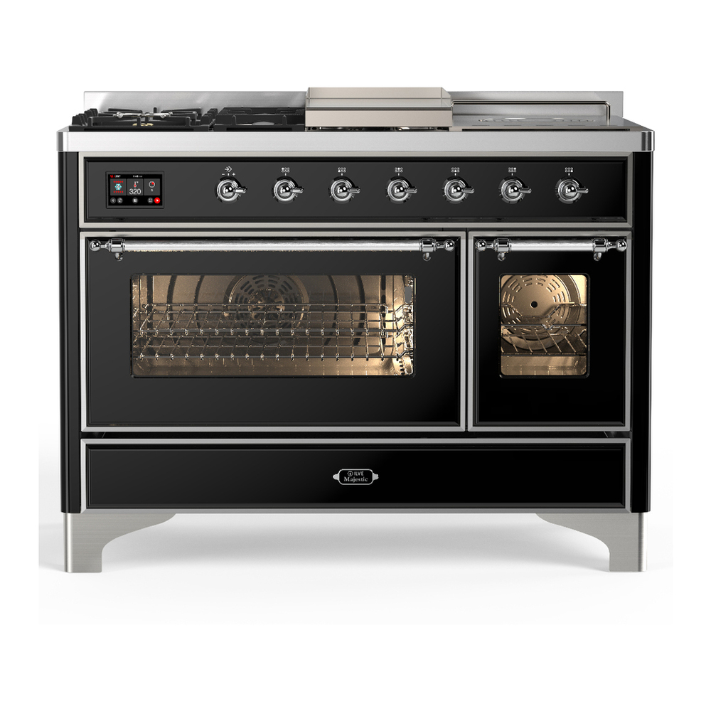 ILVE UM48FSNR3BKCLP Majestic III 48 inch Dual Fuel Range with 5 Black Brass Burners, Griddle and French Top, Dual Function Burner up to 25,000 BTU (Liquid Propane, Triple Glass Door, Glossy Black, Chrome) 1 UM48FSNR3BKCLP
