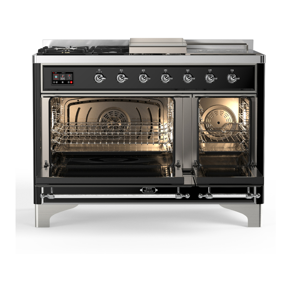 ILVE UM48FSNR3BKCLP Majestic III 48 inch Dual Fuel Range with 5 Black Brass Burners, Griddle and French Top, Dual Function Burner up to 25,000 BTU (Liquid Propane, Triple Glass Door, Glossy Black, Chrome) 2 ILVE-UM48FSNR3BKCLP-Double Oven Open View