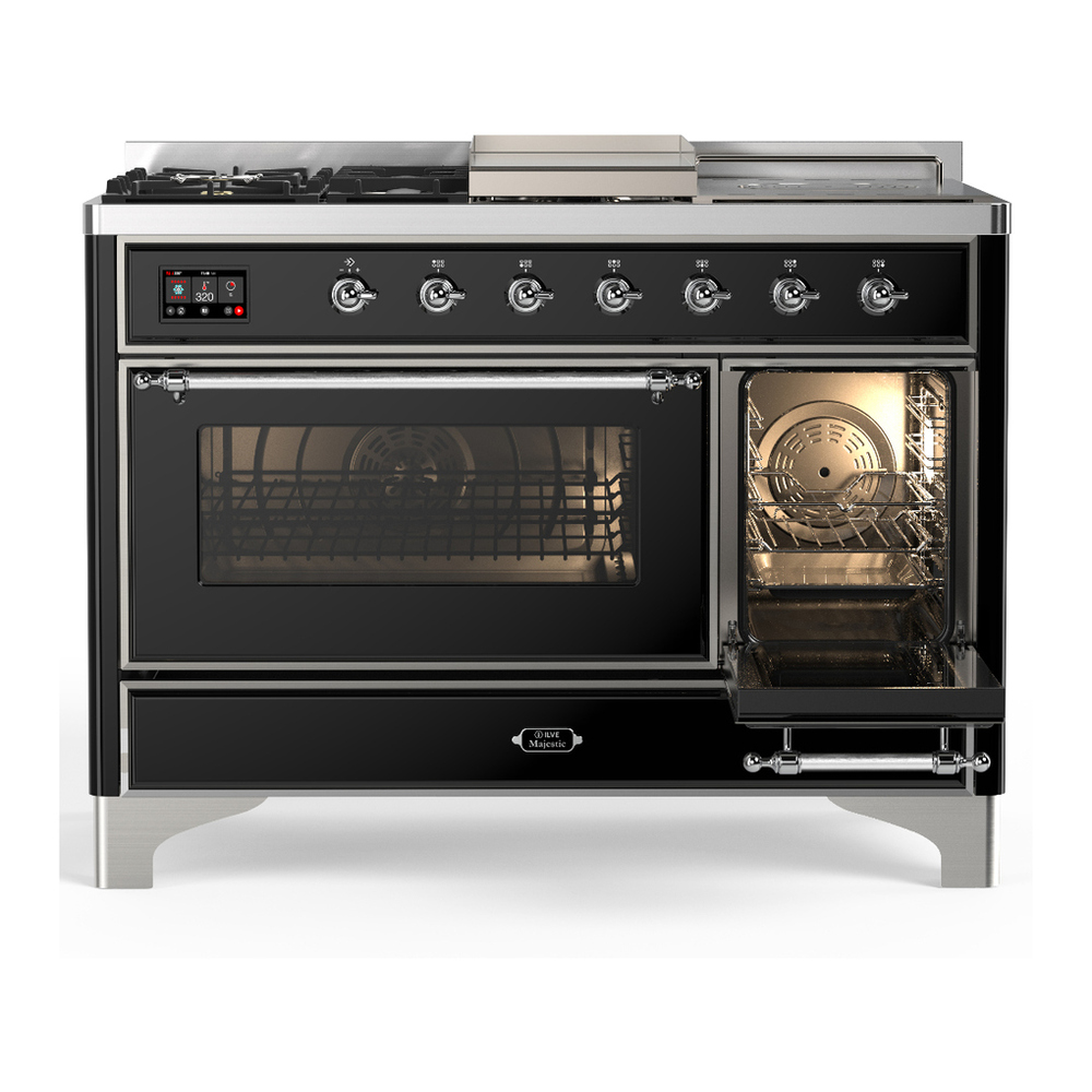 ILVE UM48FSNR3BKCLP Majestic III 48 inch Dual Fuel Range with 5 Black Brass Burners, Griddle and French Top, Dual Function Burner up to 25,000 BTU (Liquid Propane, Triple Glass Door, Glossy Black, Chrome) 4 ILVE-UM48FSNR3BKCLP-Secondary Oven Open View