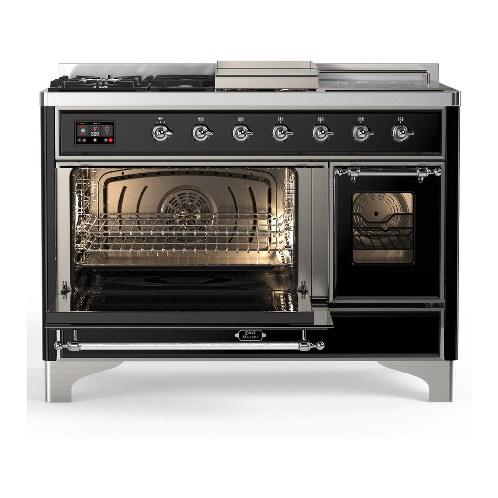 ILVE UM48FSNR3BKCLP Majestic III 48 inch Dual Fuel Range with 5 Black Brass Burners, Griddle and French Top, Dual Function Burner up to 25,000 BTU (Liquid Propane, Triple Glass Door, Glossy Black, Chrome) 3 ILVE-UM48FSNR3BKCLP-Primary Oven Open View