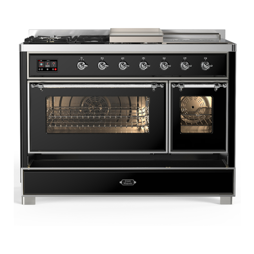 ILVE UM48FSNR3BKCLP Majestic III 48 inch Dual Fuel Range with 5 Black Brass Burners, Griddle and French Top, Dual Function Burner up to 25,000 BTU (Liquid Propane, Triple Glass Door, Glossy Black, Chrome) 5 ILVE-UM48FSNR3BKCLP-Drawer Open View