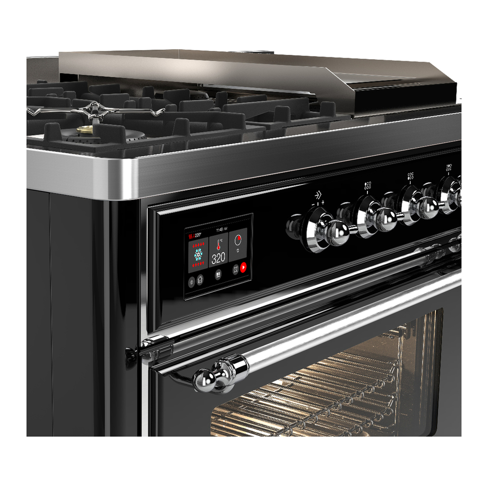 ILVE UM48FSNR3BKCLP Majestic III 48 inch Dual Fuel Range with 5 Black Brass Burners, Griddle and French Top, Dual Function Burner up to 25,000 BTU (Liquid Propane, Triple Glass Door, Glossy Black, Chrome) 7 ILVE-UM48FSNR3BKCLP-Control Knobs View