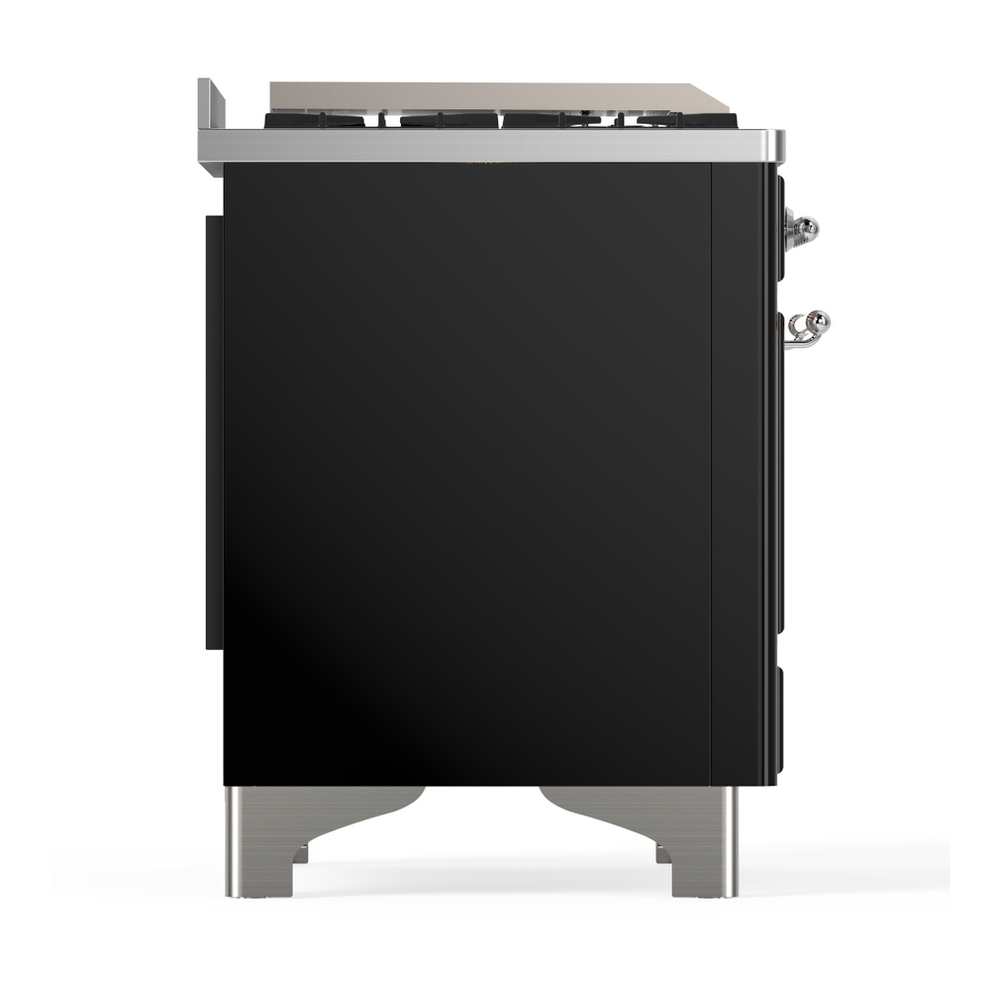 ILVE UM48FSNR3BKCLP Majestic III 48 inch Dual Fuel Range with 5 Black Brass Burners, Griddle and French Top, Dual Function Burner up to 25,000 BTU (Liquid Propane, Triple Glass Door, Glossy Black, Chrome) 8 ILVE-UM48FSNR3BKCLP-Right Side View