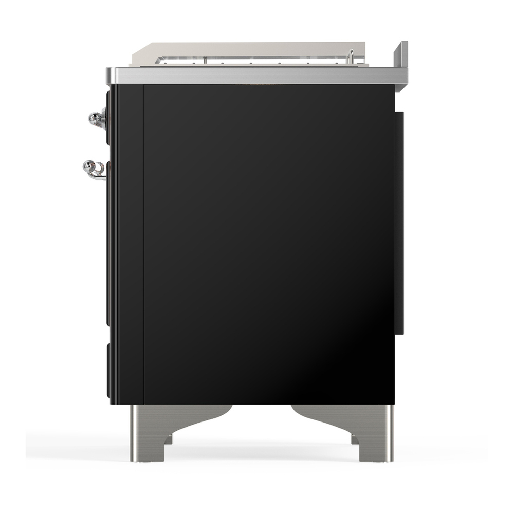 ILVE UM48FSNR3BKCLP Majestic III 48 inch Dual Fuel Range with 5 Black Brass Burners, Griddle and French Top, Dual Function Burner up to 25,000 BTU (Liquid Propane, Triple Glass Door, Glossy Black, Chrome) 9 ILVE-UM48FSNR3BKCLP-Left Side View