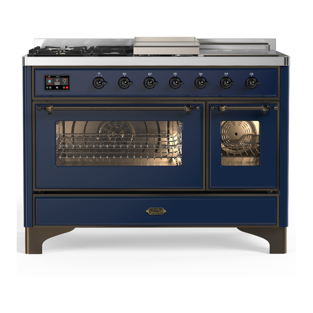 ILVE UM48FSNR3MBBLP Majestic III 48 inch Dual Fuel Range with 5 Black Brass Burners, Griddle and French Top, Dual Function Burner up to 25,000 BTU (Liquid Propane, Triple Glass Door, Midnight Blue, Burnished) 1 UM48FSNR3MBBLP