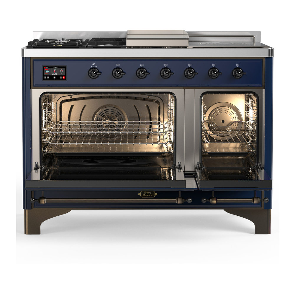 ILVE UM48FSNR3MBBLP Majestic III 48 inch Dual Fuel Range with 5 Black Brass Burners, Griddle and French Top, Dual Function Burner up to 25,000 BTU (Liquid Propane, Triple Glass Door, Midnight Blue, Burnished) 2 ILVE-UM48FSNR3MBBLP-Double Oven Open View