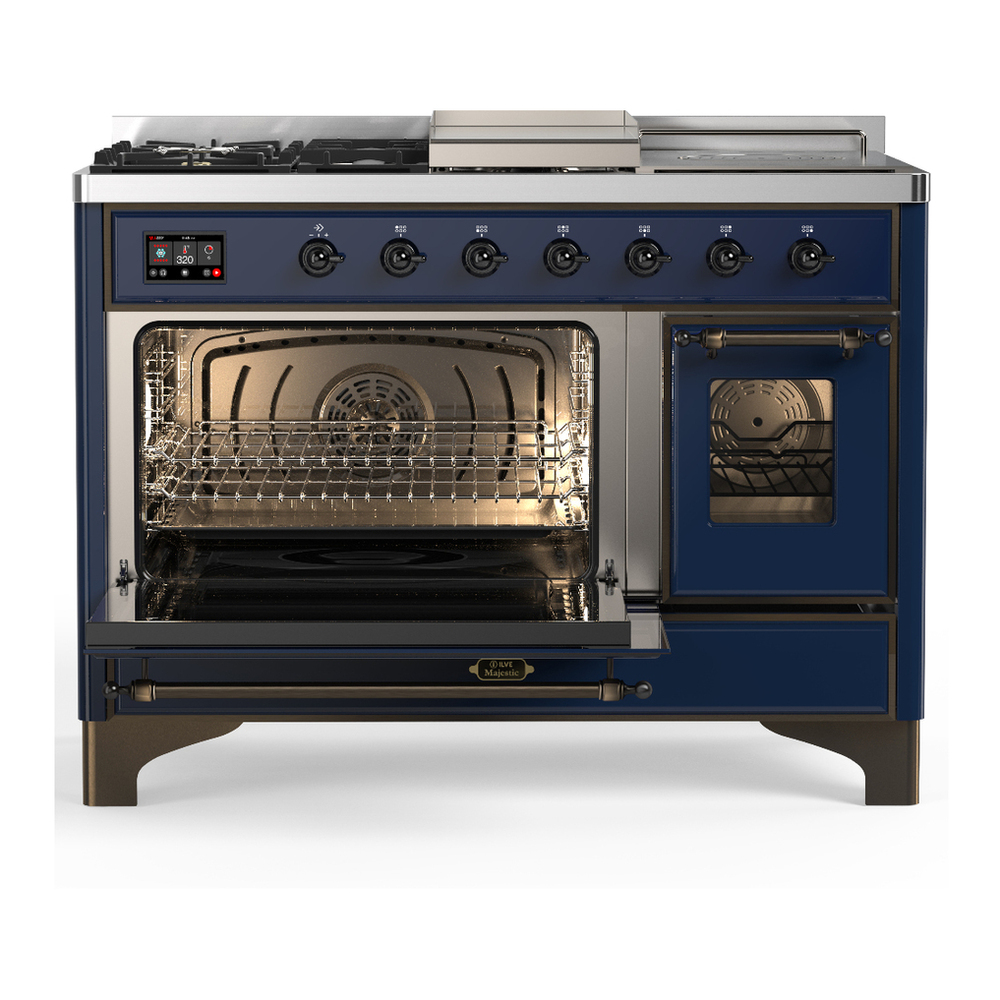 ILVE UM48FSNR3MBBLP Majestic III 48 inch Dual Fuel Range with 5 Black Brass Burners, Griddle and French Top, Dual Function Burner up to 25,000 BTU (Liquid Propane, Triple Glass Door, Midnight Blue, Burnished) 3 ILVE-UM48FSNR3MBBLP-Primary Oven Open View