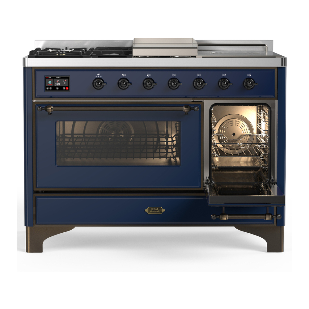 ILVE UM48FSNR3MBBLP Majestic III 48 inch Dual Fuel Range with 5 Black Brass Burners, Griddle and French Top, Dual Function Burner up to 25,000 BTU (Liquid Propane, Triple Glass Door, Midnight Blue, Burnished) 4 ILVE-UM48FSNR3MBBLP-Secondary Oven Open View