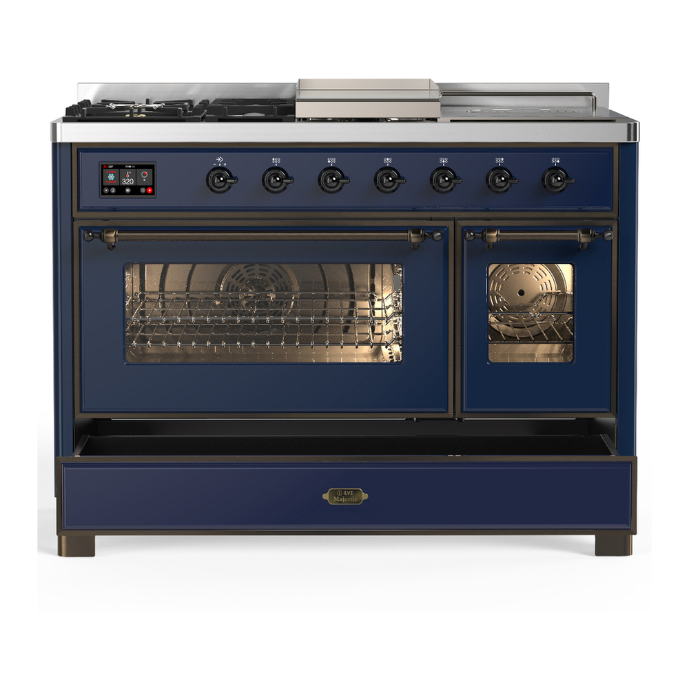 ILVE UM48FSNR3MBBLP Majestic III 48 inch Dual Fuel Range with 5 Black Brass Burners, Griddle and French Top, Dual Function Burner up to 25,000 BTU (Liquid Propane, Triple Glass Door, Midnight Blue, Burnished) 5 ILVE-UM48FSNR3MBBLP-Drawer Open View