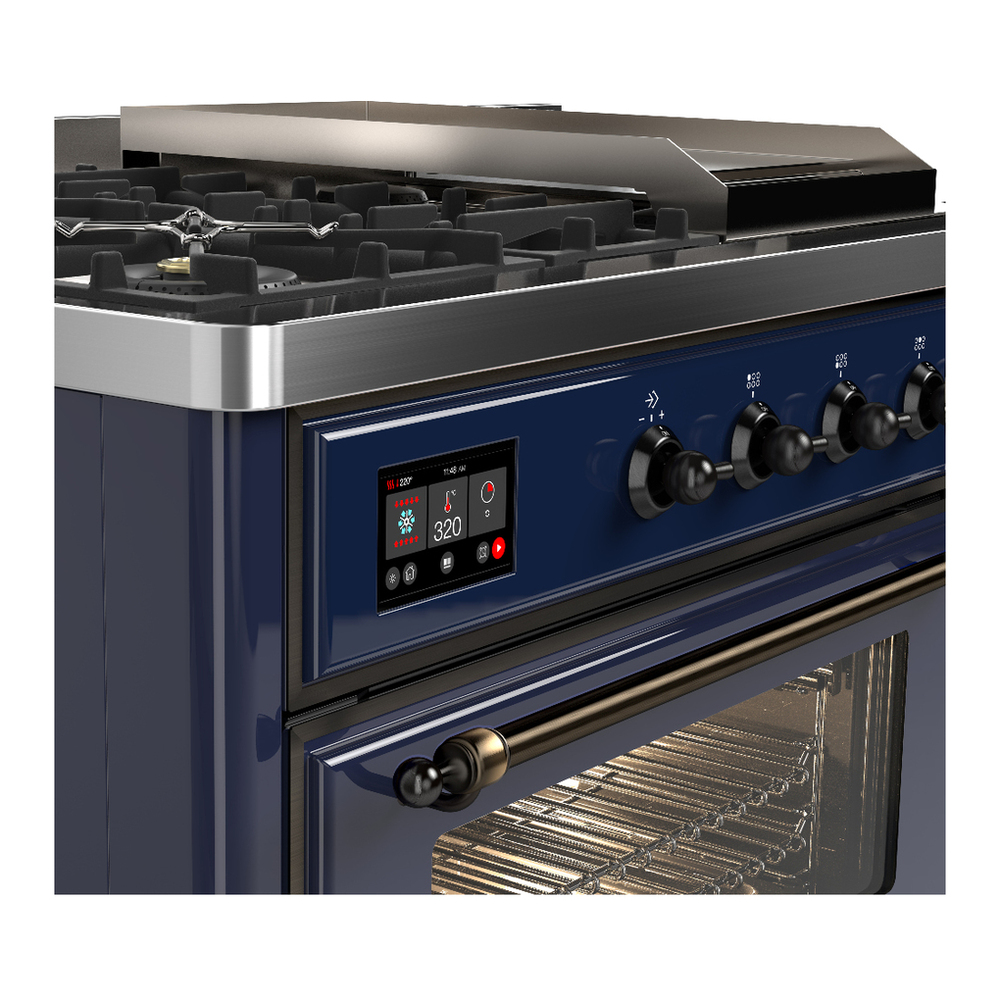 ILVE UM48FSNR3MBBLP Majestic III 48 inch Dual Fuel Range with 5 Black Brass Burners, Griddle and French Top, Dual Function Burner up to 25,000 BTU (Liquid Propane, Triple Glass Door, Midnight Blue, Burnished) 7 ILVE-UM48FSNR3MBBLP-Control Knobs View