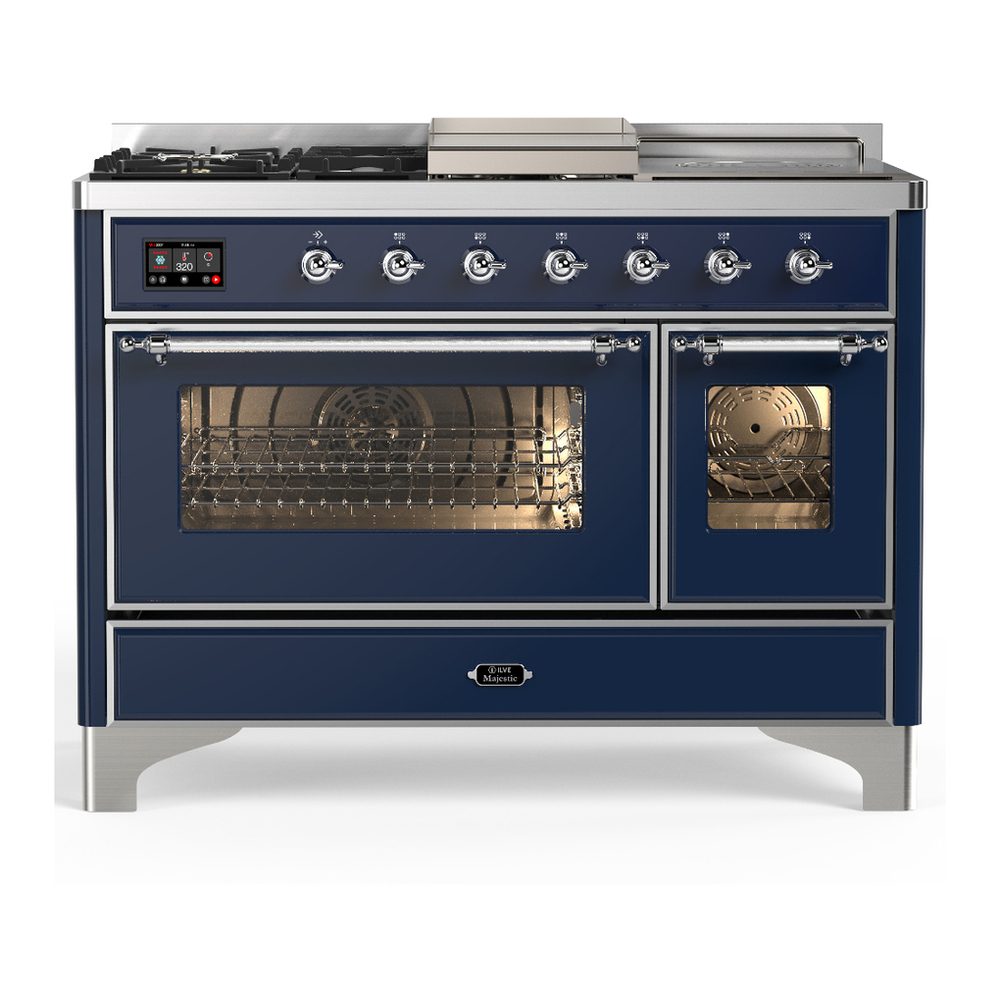 ILVE UM48FSNR3MBCLP Majestic III 48 inch Dual Fuel Range with 5 Black Brass Burners, Griddle and French Top, Dual Function Burner up to 25,000 BTU (Liquid Propane, Triple Glass Door, Midnight Blue, Chrome) 1 UM48FSNR3MBCLP