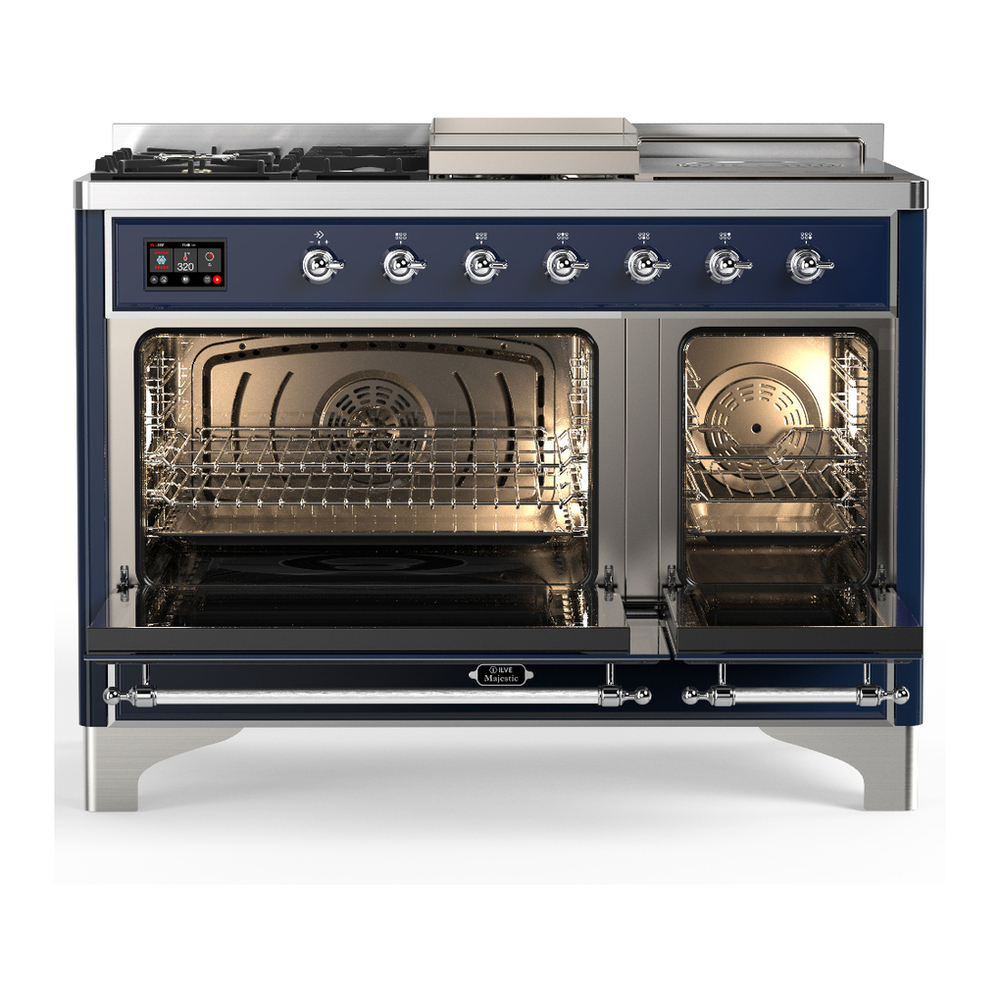 ILVE UM48FSNR3MBCLP Majestic III 48 inch Dual Fuel Range with 5 Black Brass Burners, Griddle and French Top, Dual Function Burner up to 25,000 BTU (Liquid Propane, Triple Glass Door, Midnight Blue, Chrome) 2 ILVE-UM48FSNR3MBCLP-Double Oven Open View